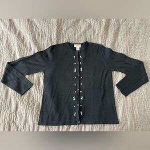 Talbots 100% Silk Knit Embroidered Flower Cardigan Sweater Sz 10 Black Pink Blue